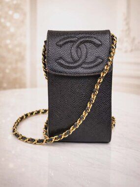 Authentic Chanel CC Logo Caviar Leather Phone Pouch Crossbody Bag